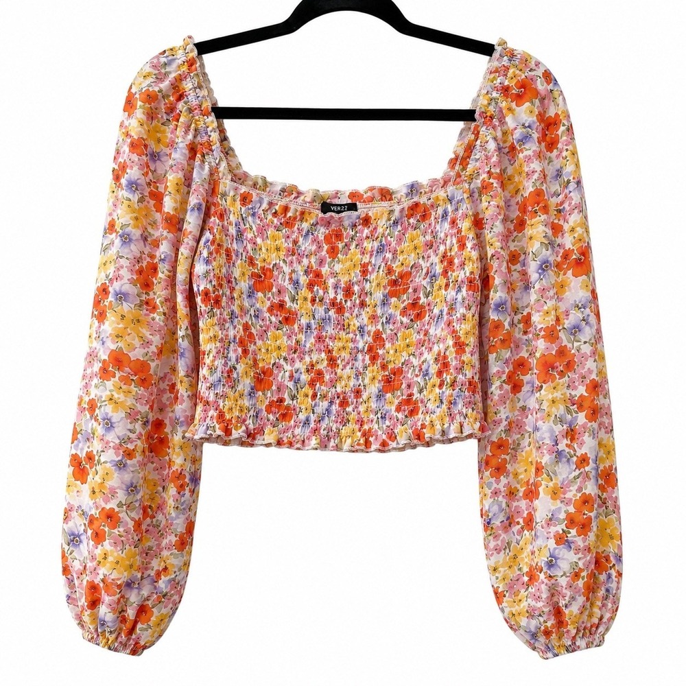 Womens Medium Long Sleeve Crop Top Multicolor Floral‎ Smocked Boho Cottagecore